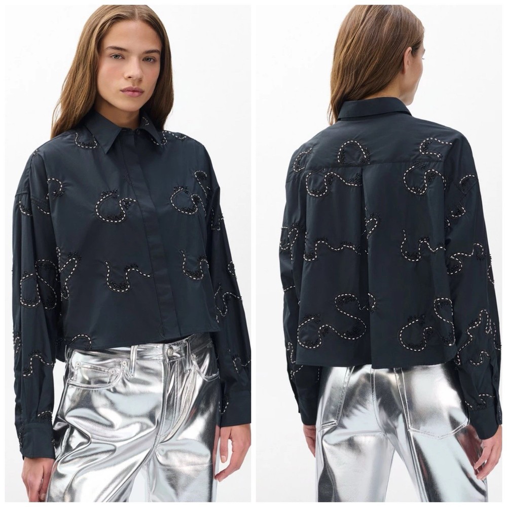 NWT Rag & Bone $468 Beatrice Embroidered Shirt In Black Wash Size:Medium