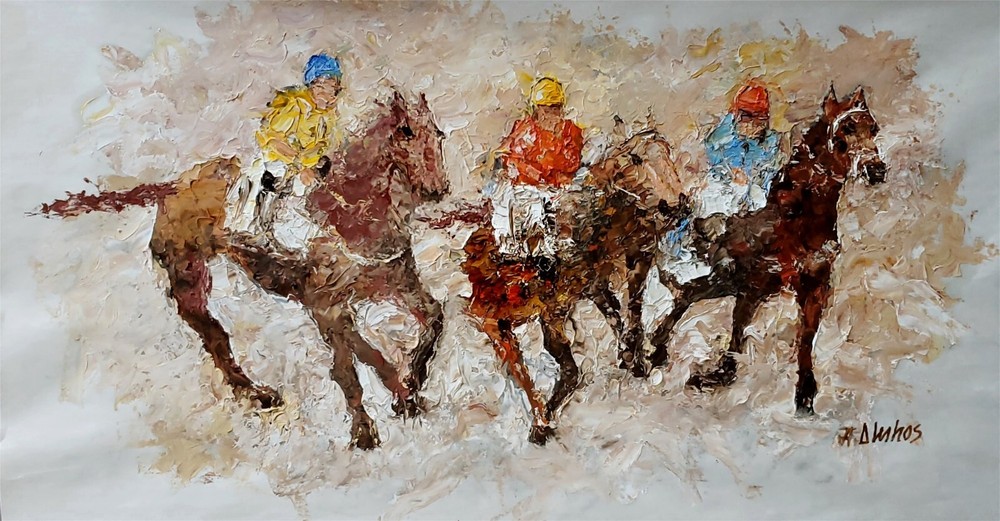ANDRE DLUHOS Horse Racing Jockey Track Equestrian Original Art Oil Painting