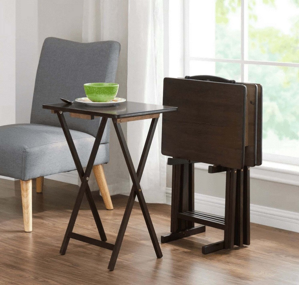 Walnut 5-Piece Folding TV Tray Table Set 19 X 15 X 26 Inch 4 Table 1 Rack Stand
