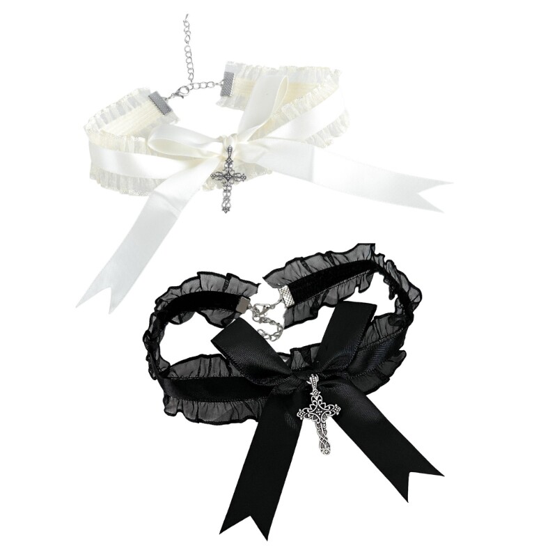 Ruffle Lace Choker Necklace with Crosses Pendant Charm Gothic Bowknot Collar
