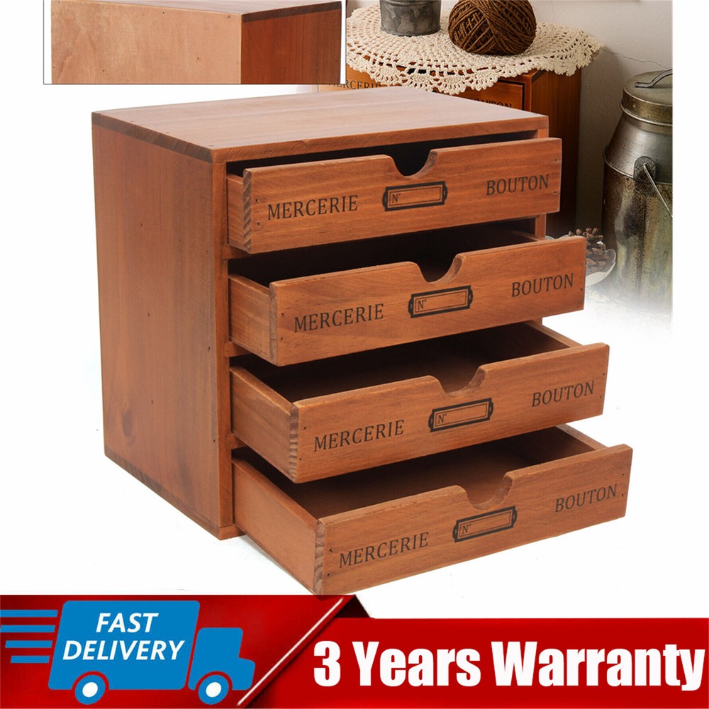 Desktop Jewelry Organizer Vintage Wooden Storage Box with 4 Layers Drawers Case