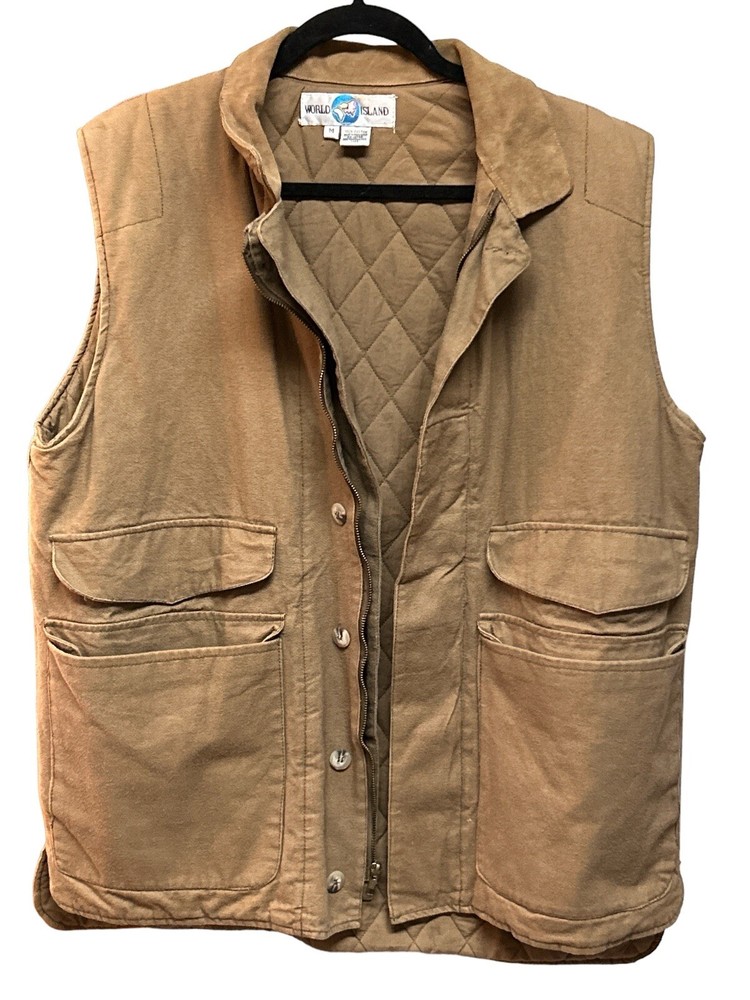 Tactical Quilted Lined VEST WORLD ISLAND Hunting Fishing Med Brown VTG Gorpcore