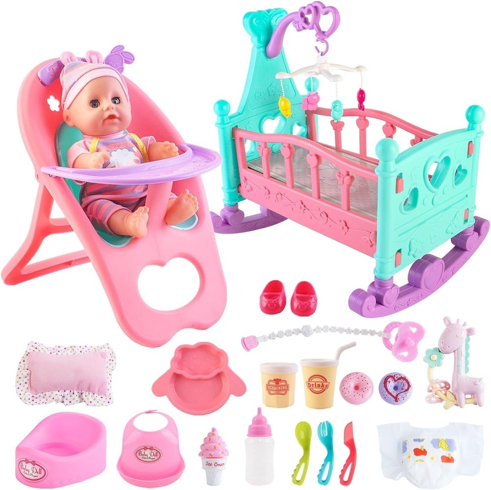 Soft Fabric Baby Doll Play Set with Crib, High Chair & 20 Accessories
