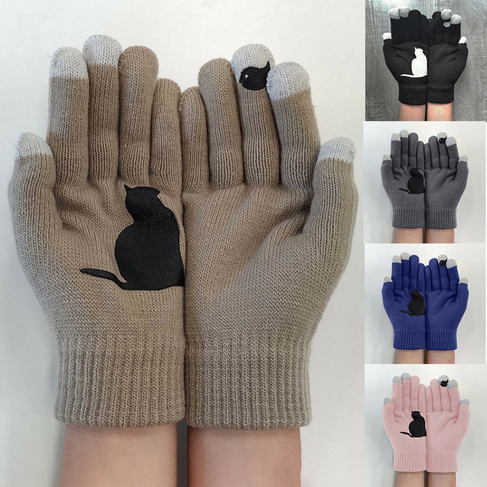 Women Lady Winter Warm Animal Cat Printed Knitted Gloves Thermal Gloves Mittens