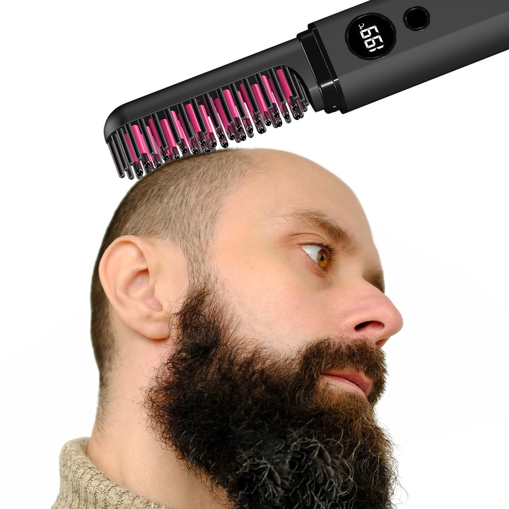 Beard Straightener for Men, Heated Beard Brush, Cordless Beard Hot Comb for M...
