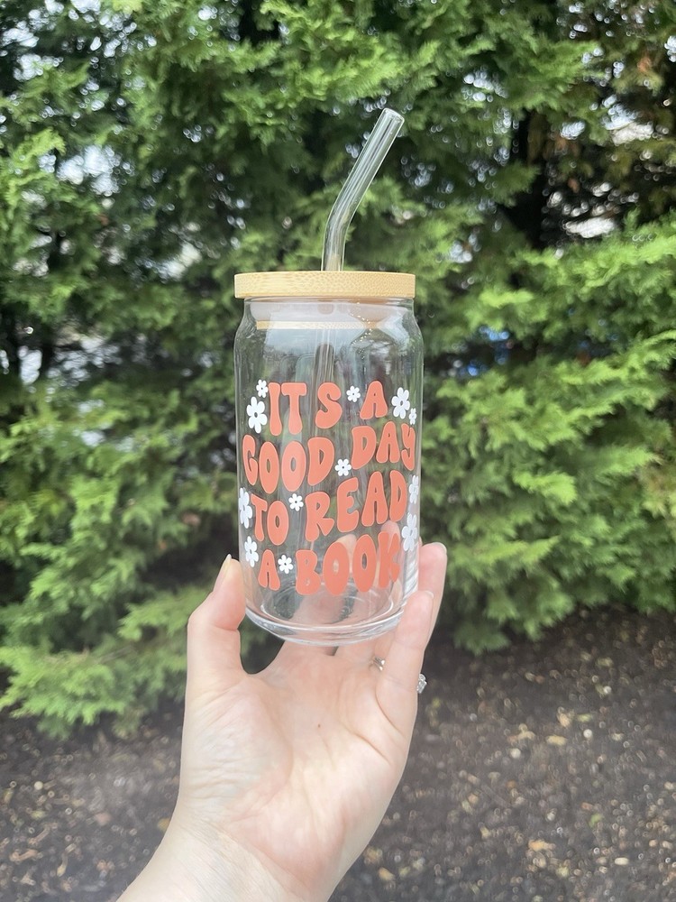 Glass Cup with Bamboo Lid and Straw 16OZ Iced Coffee Cup- Books & Coffee