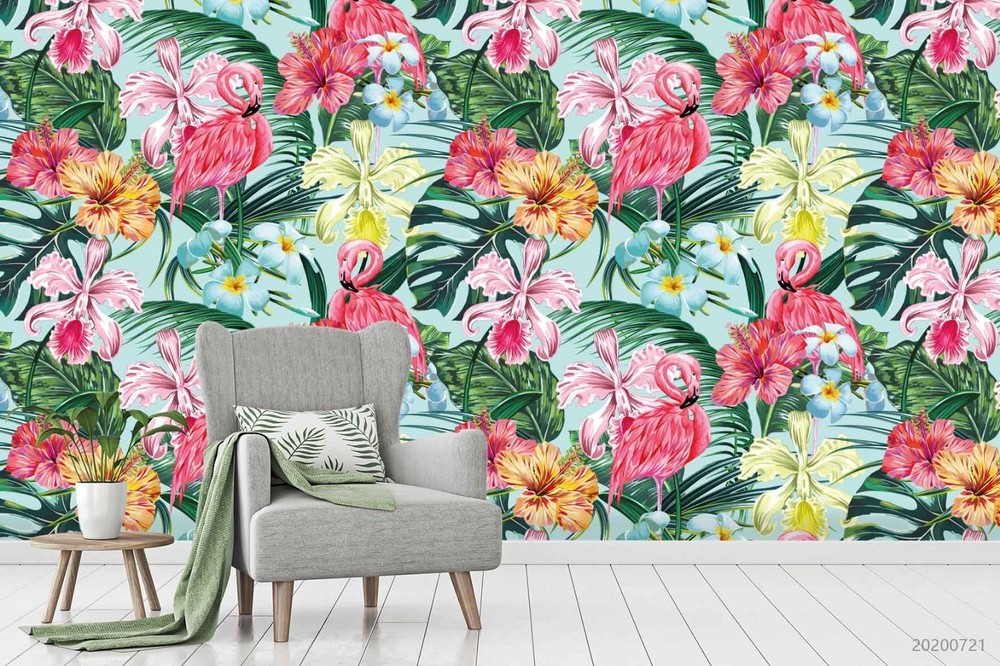 3D Flamingo Flower Leaf Pattern Wall Murals Wallpaper Murals Wall Sticker 28