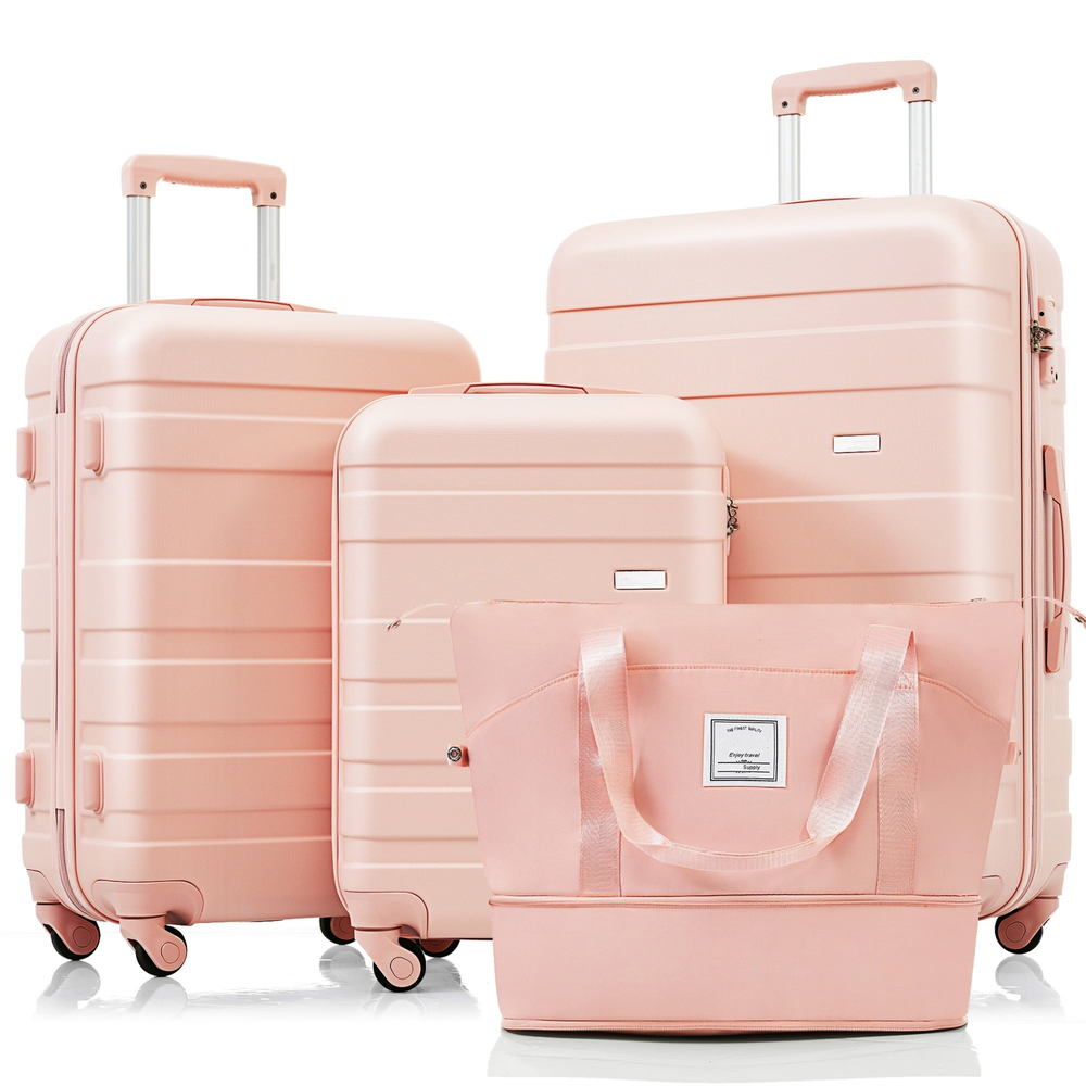 Luggage Sets 4 Piece, ABS Durable Suitcase with Travel Bag, pink