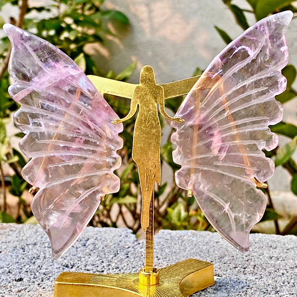 103g Natural Crystal Fluorite Butterfly Wings Healing Statue Decor + Stand