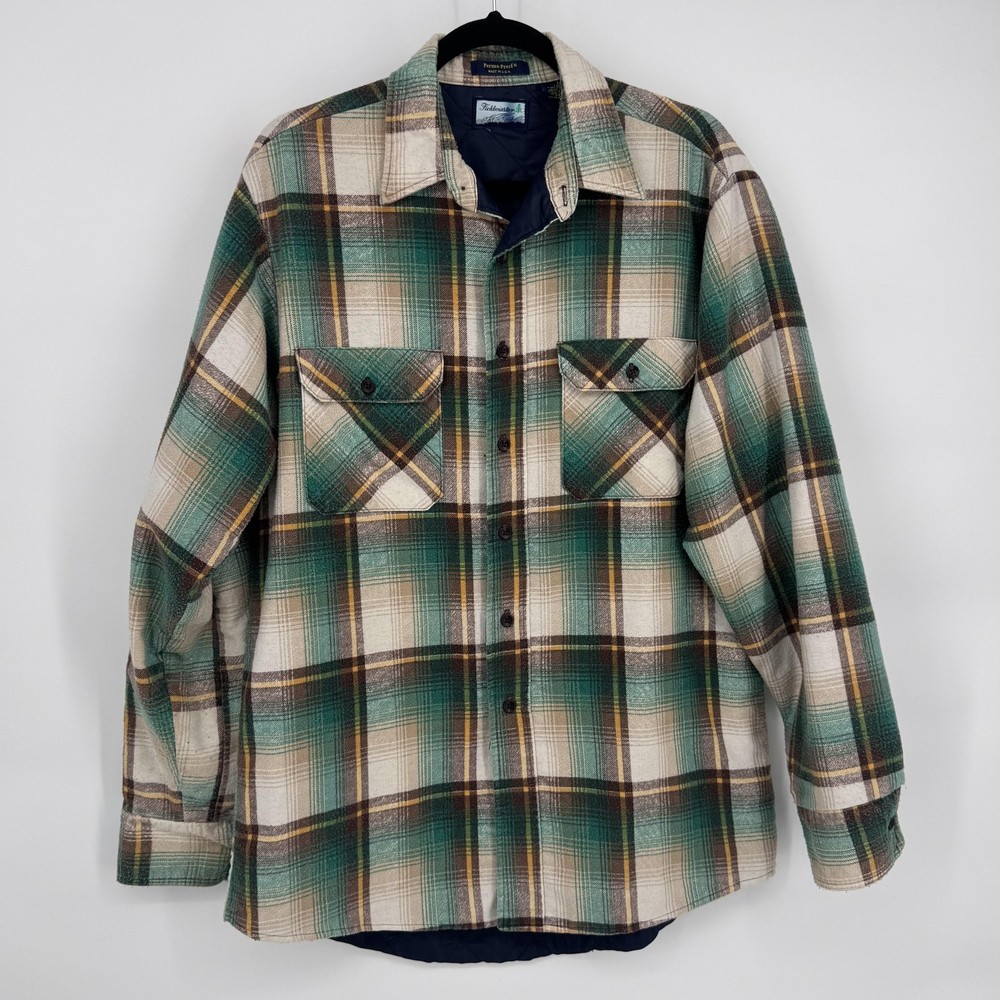 Vintage Fieldmaster Shirt Jacket Mens Large Tall Green Flannel Plaid Quilted USA