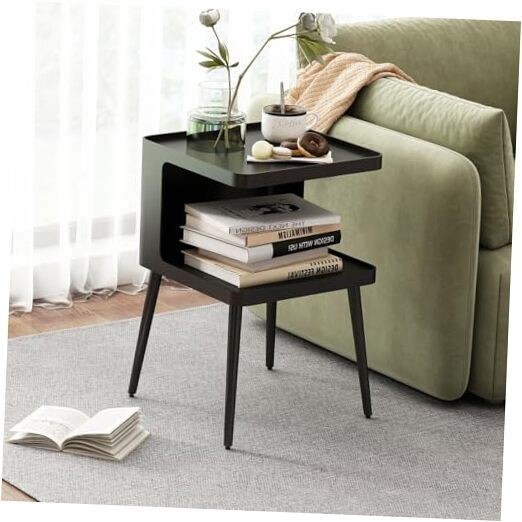 Modern 2-Tier Black Metal Side Table for Bedroom or Living Room