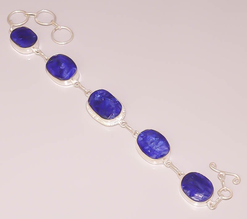 Blue Sapphire Faceted Gemstone Jewelry 925 Sterling Silver Plated Boho Bracelet