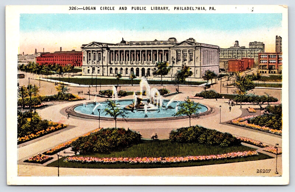 Original Old Vintage Outdoor Postcard Logan Circle Public Library Philadelphia