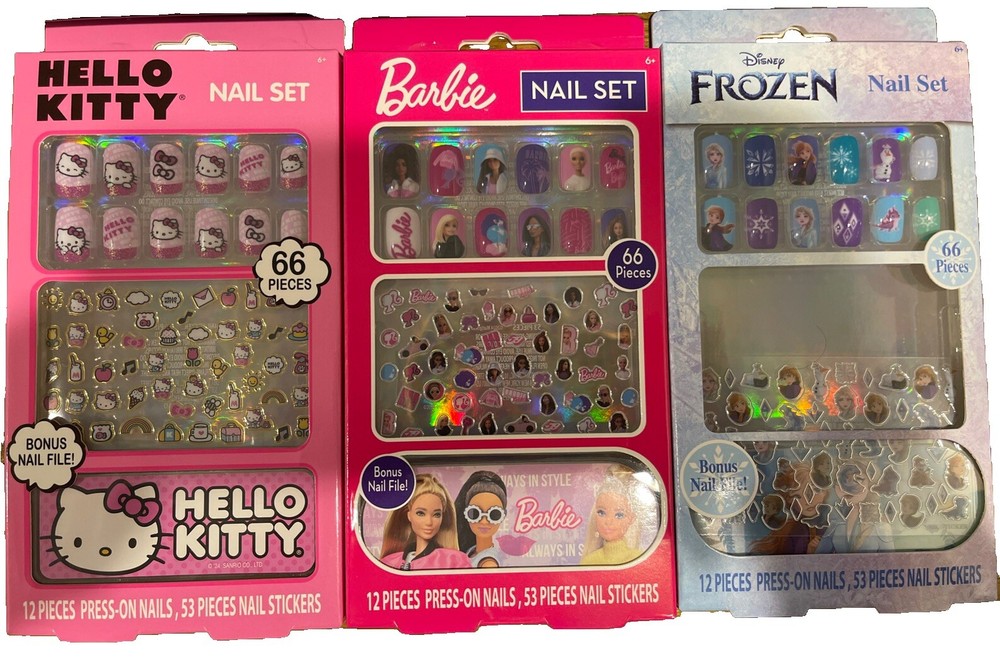 Barbie, Frozen, & Hello Kitty Bundle, Press-On Nail Set with Stickers and File