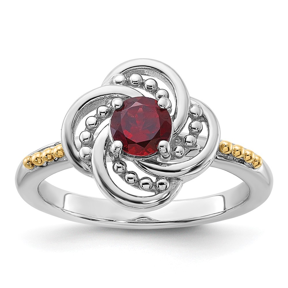 925 Sterling Silver Rhodium-plated with 14K Gold Accent Garnet Ring Size 7