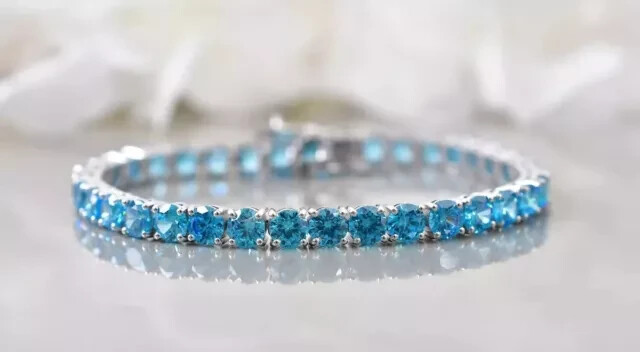9ct 4mm Round Cut Lab Blue Topaz Tennis Bracelet in 14K White Gold Plated
