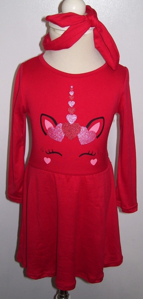 Btween 2 Pc LS Red Glitter Heart Unicorn Dress & Hair Band Valentine's Day 2T
