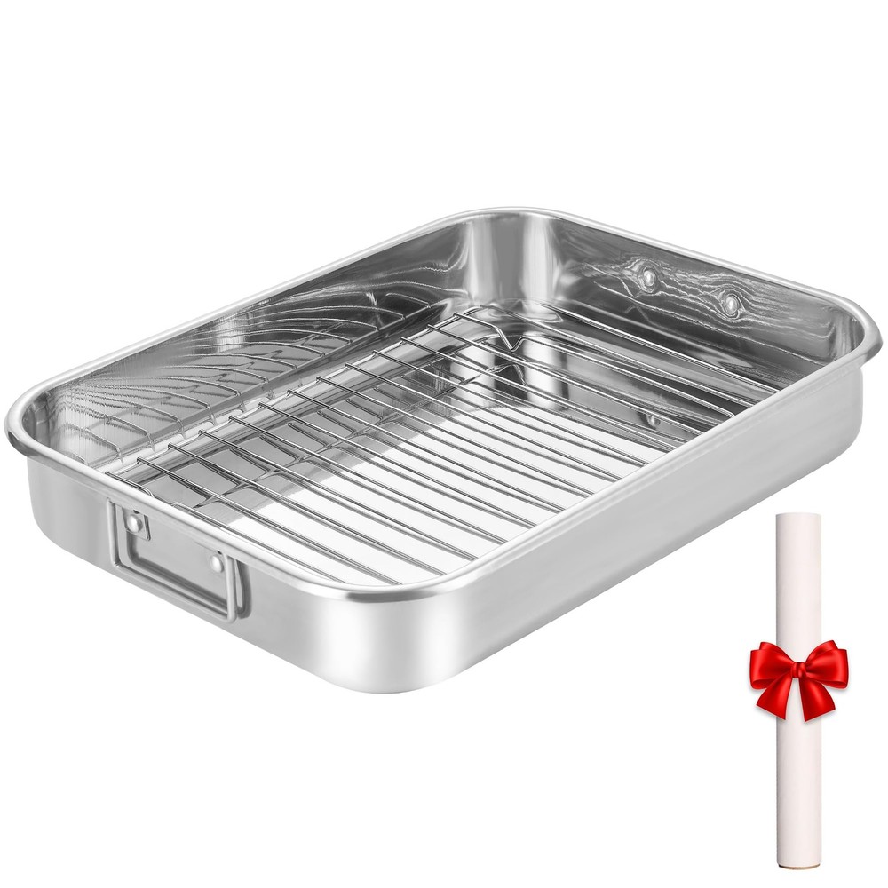 Stainless Steel Roaster Pan with Flat Rack and Parchment Paper 16.2 x 12.2 x 3 Inch