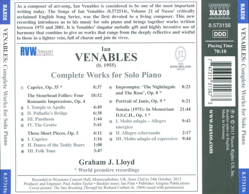 Graham J Lloyd Ian Venables Complete Solo Piano Works New CD