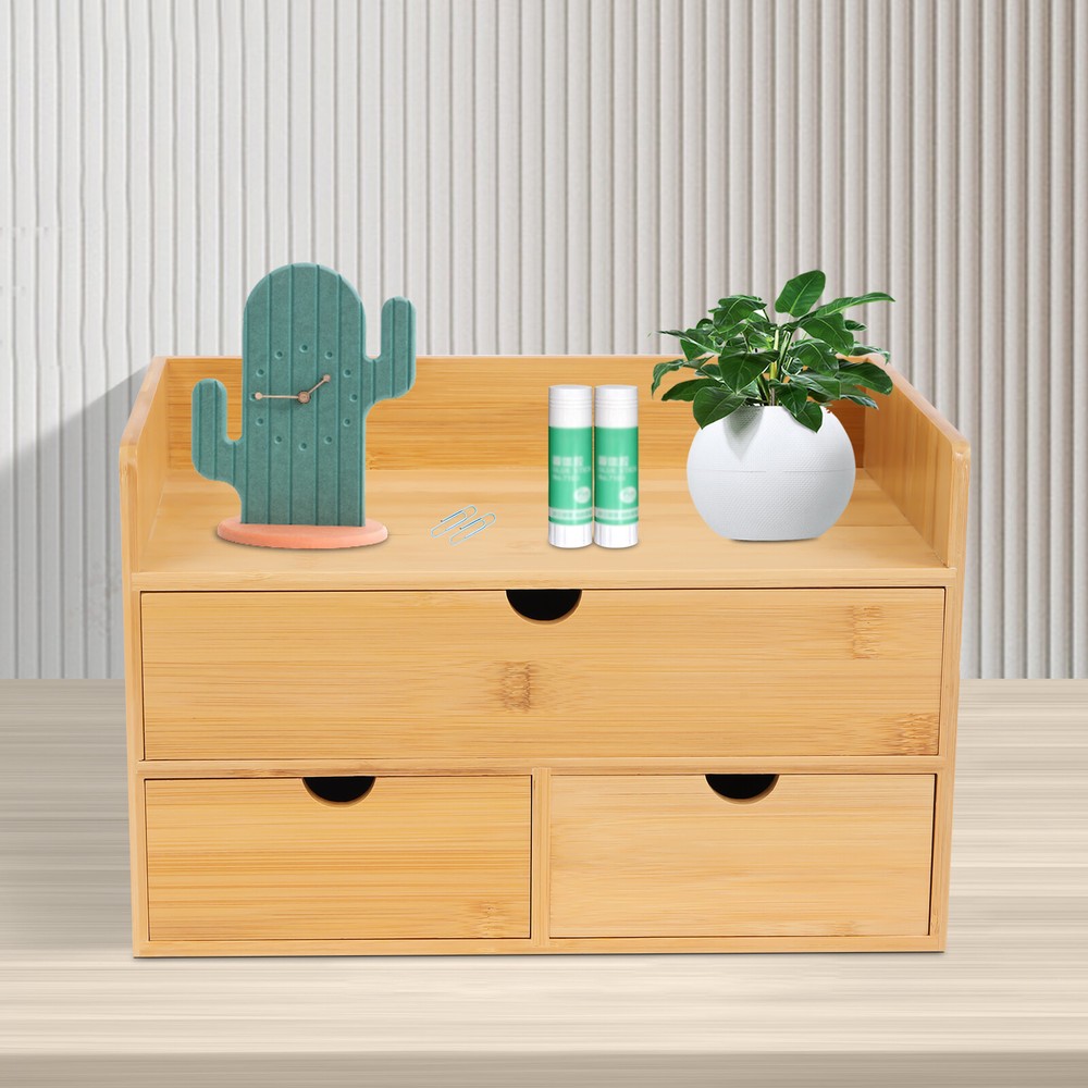 Bamboo Desk Organizer with 3 Drawers Tabletop Cosmetic Storage Simple Design NEW