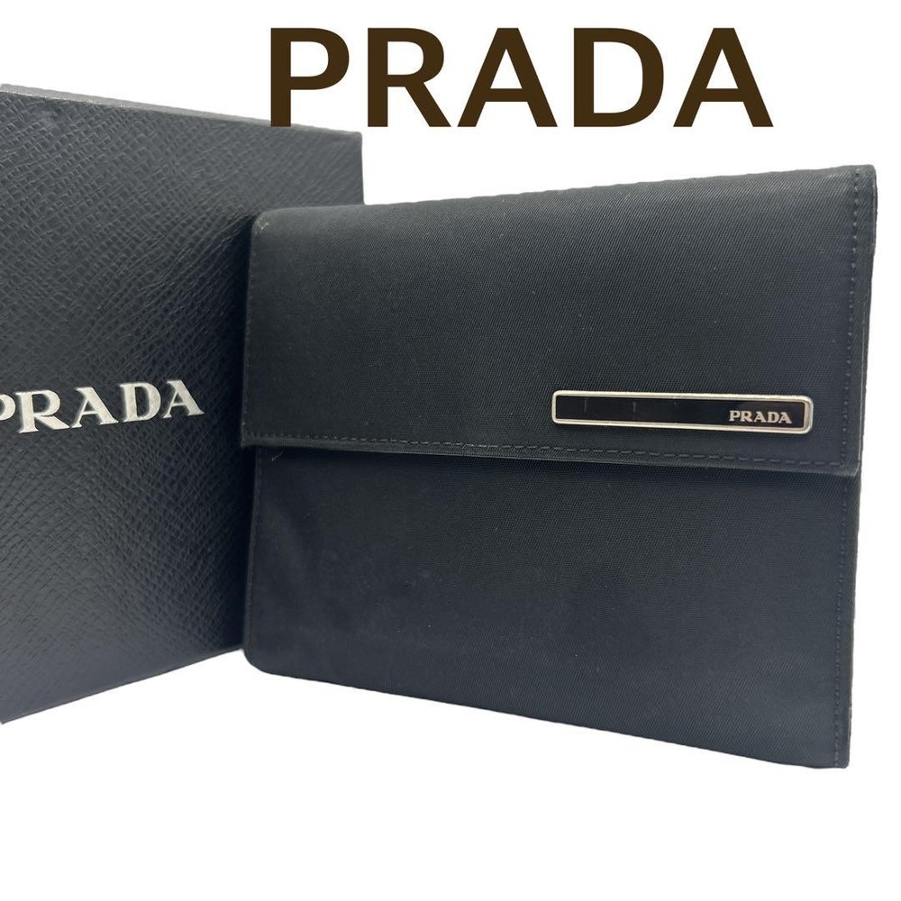 Authentic Used Prada Testo Nylon Leather Bifold Wallet Black Metal Logo