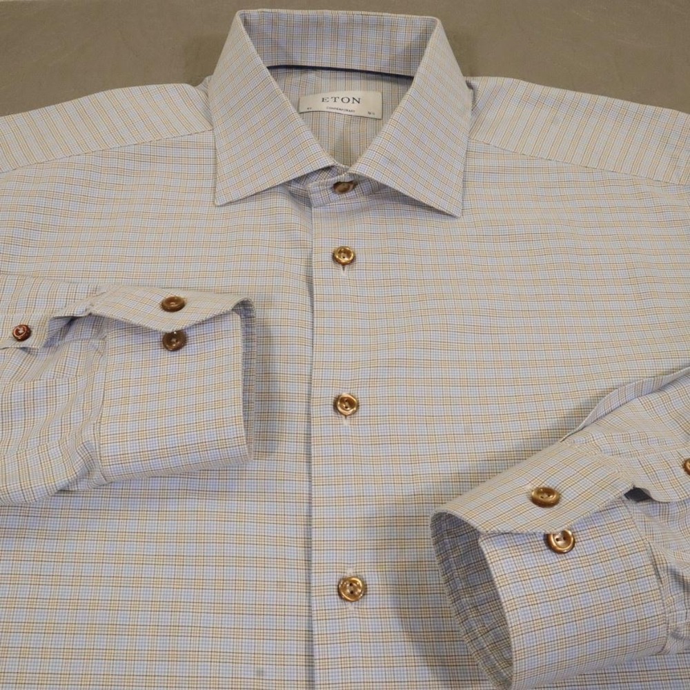 Eton Dress Shirt Mens 16.5 42 Large Blue Check Contemporary Fit Long Sleeve