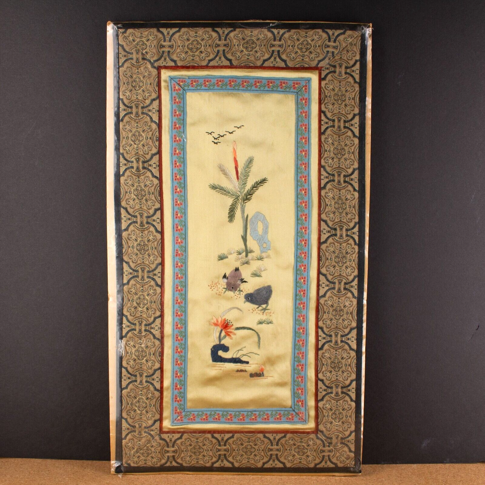 VTG Chinese Silk Brocade Embroidery Panel Tapestry Asian Blue Quail Birds SEALED