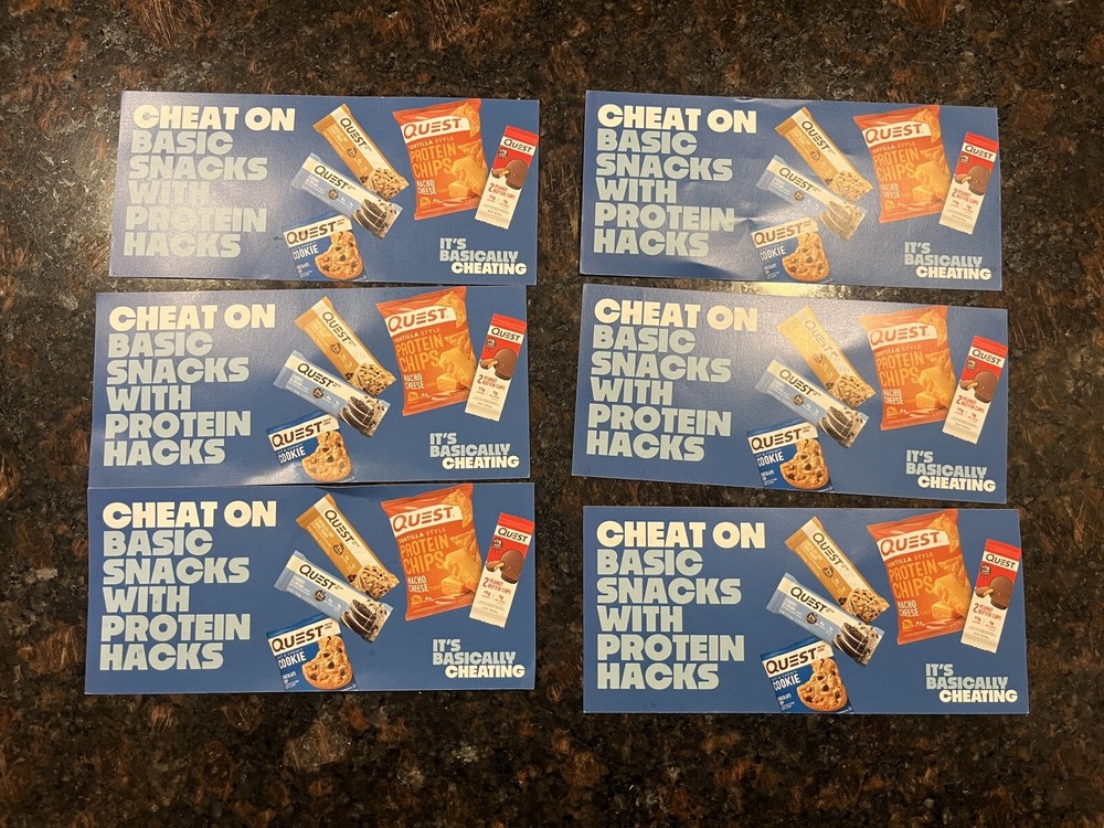 6 Quest Nutrition Coupons $65 Value Exp 8/31/25- Protein Bars Shake Cookie Chips