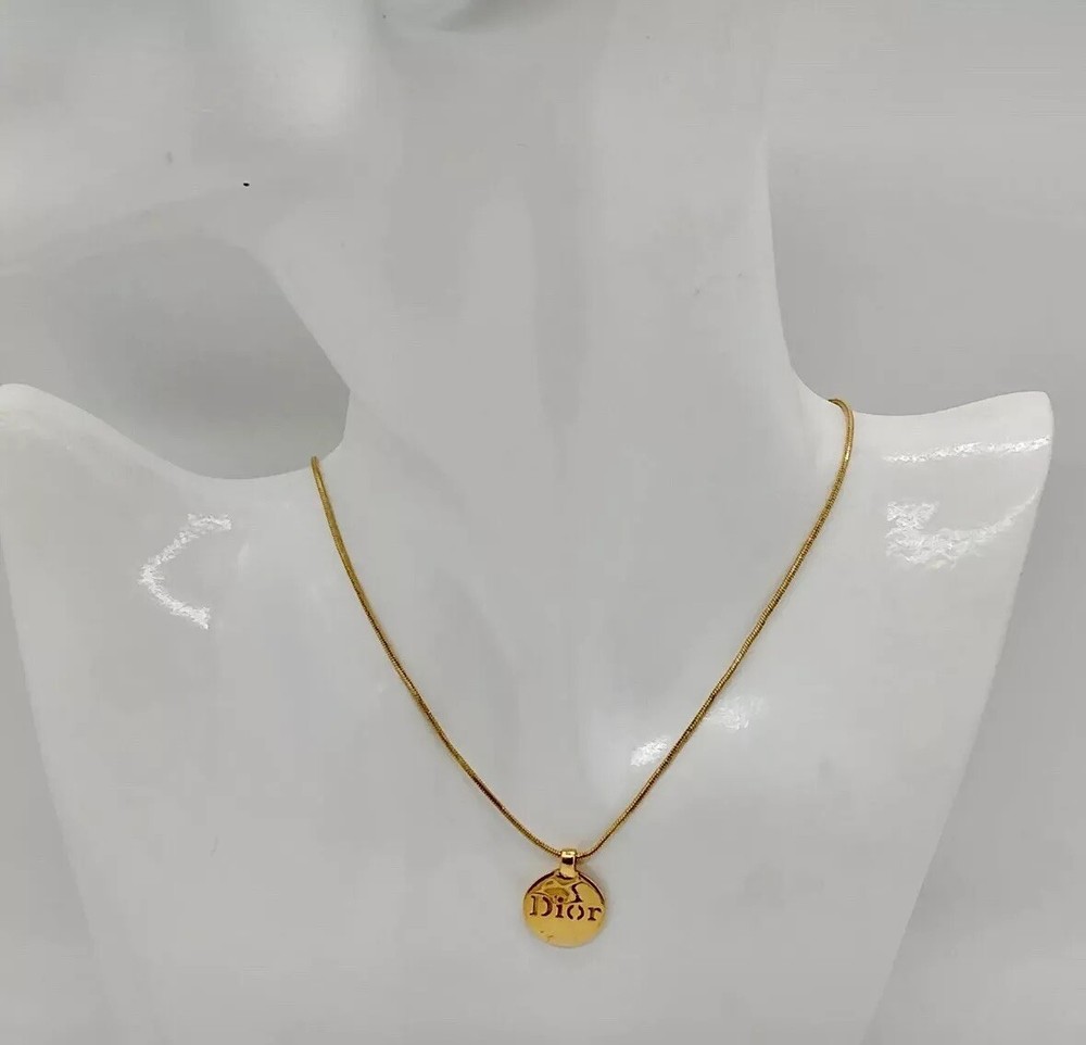 Authentic Christian Dior Gold Metal Logo Coin Necklace