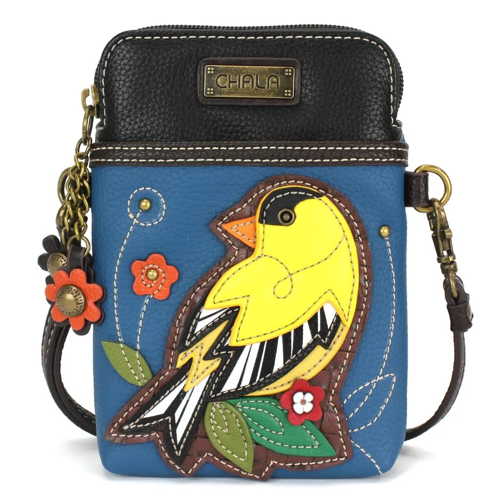 NEW CHALA YELLOW FINCH BIRD CELL PHONE CROSSBODY PURSE ADJ STRAP BLUE FLOWER