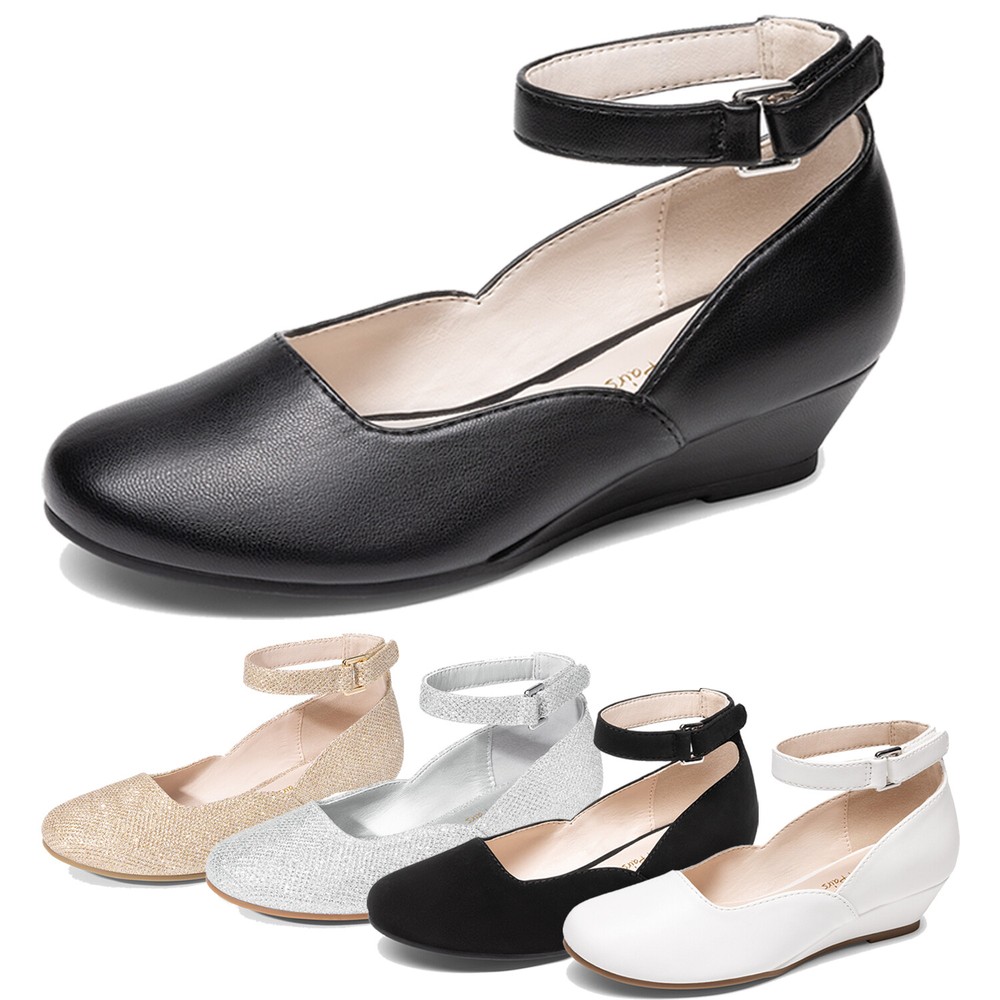 Girls Dress Pumps Low Wedge Ankle Straps Comfort Wedding Party Formal Pumps