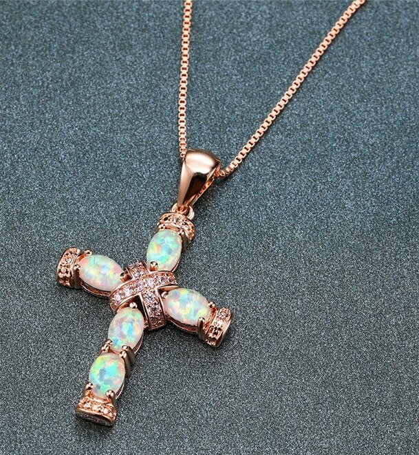 Sevil 18K Rose Gold or White Gold Plated, Cross Pendant Necklace Created Opal