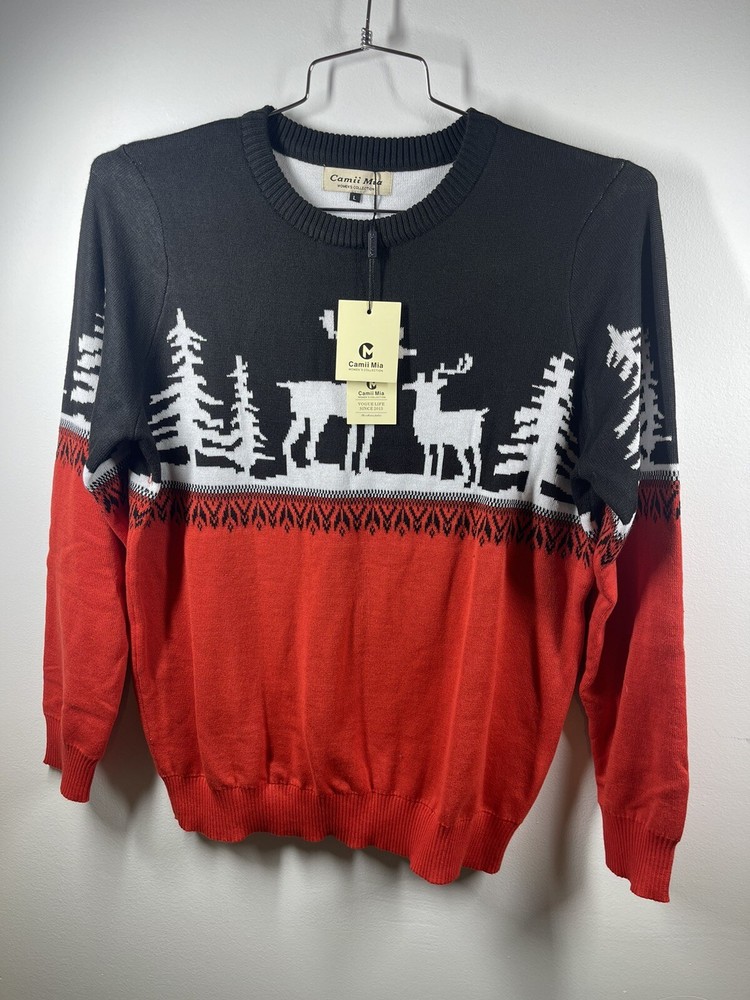 Camii Mia Women’s Ugly Christmas Sweater Black Red And White Reindeer Size L NWT