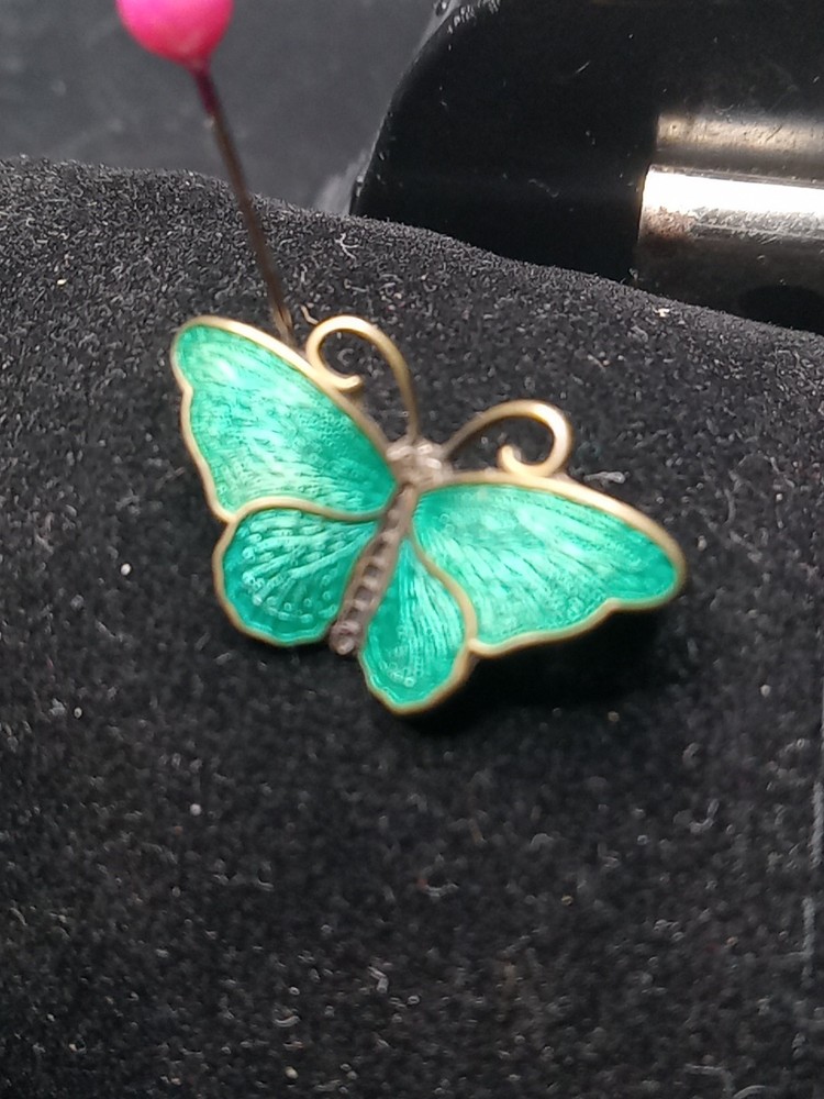 Vintage Norway 925 Sterling Silver Green Enamel Butterfly Pin HROAR Pyrdz 15/16