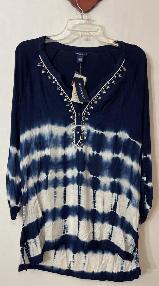 Bandolino Womens Medium Blue Tie-Dye V-Neck Beaded Tunic Blouse NWT A6739
