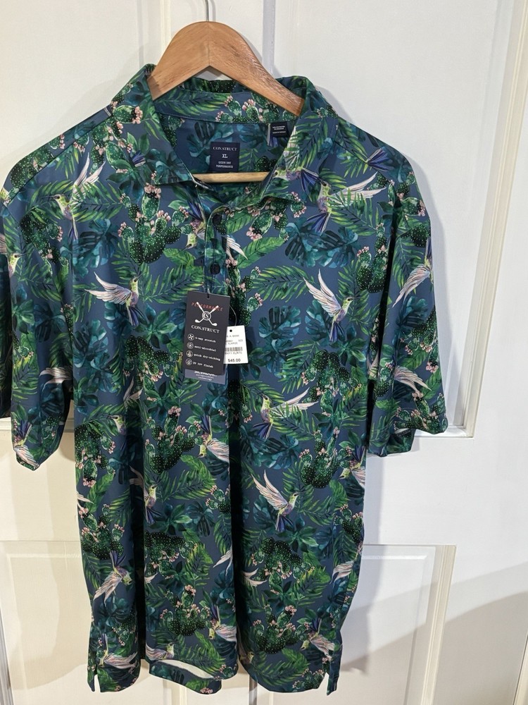 CONSTRUCT Golf Polo Shirt Men’s XL Print All Over Floral Birds Quick Dry NEW