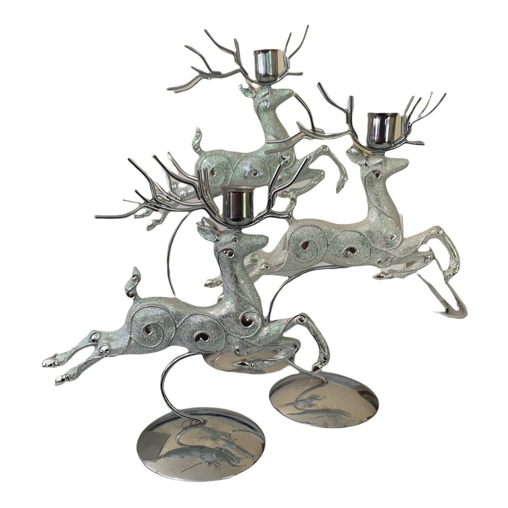 Innovation Set of 3 Silver Reindeer on Stands Glittered Swirled Design New