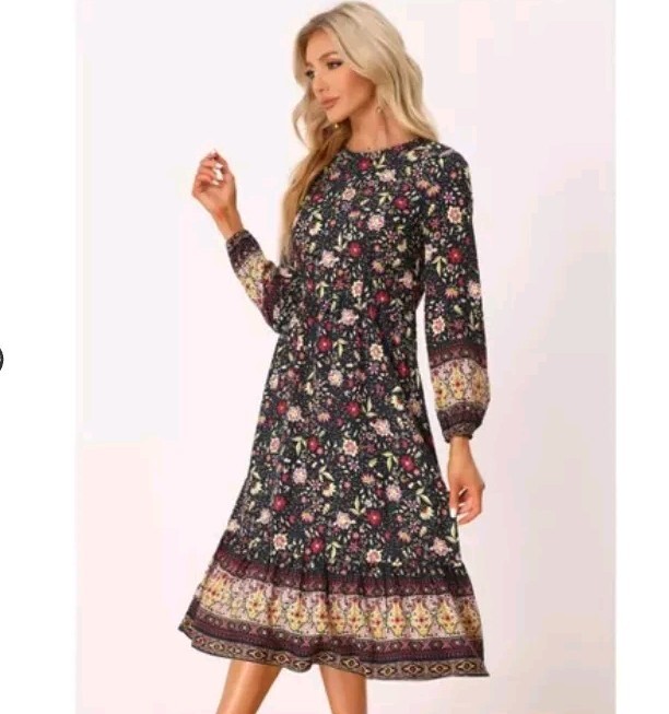 Women’s Stylish Floral Print Long Sleeve Midi Dress in Size L for Elegant Casual Wear