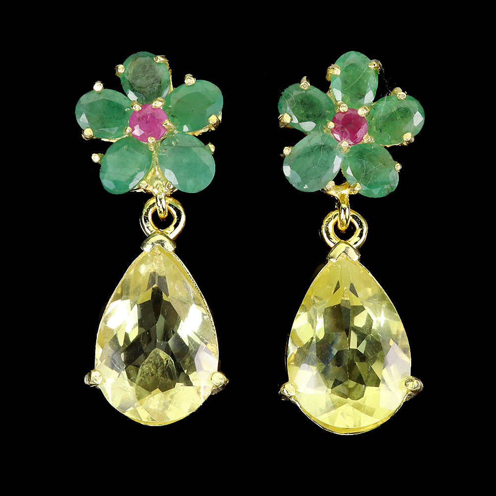 925 Sterling Silver Pear Lemon Quartz and Ruby Gemstone Earrings 14x10mm