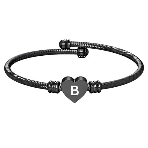 Stainless Steel Heart Word-B Bracelet Engraved Charm Bracelet for Women Black