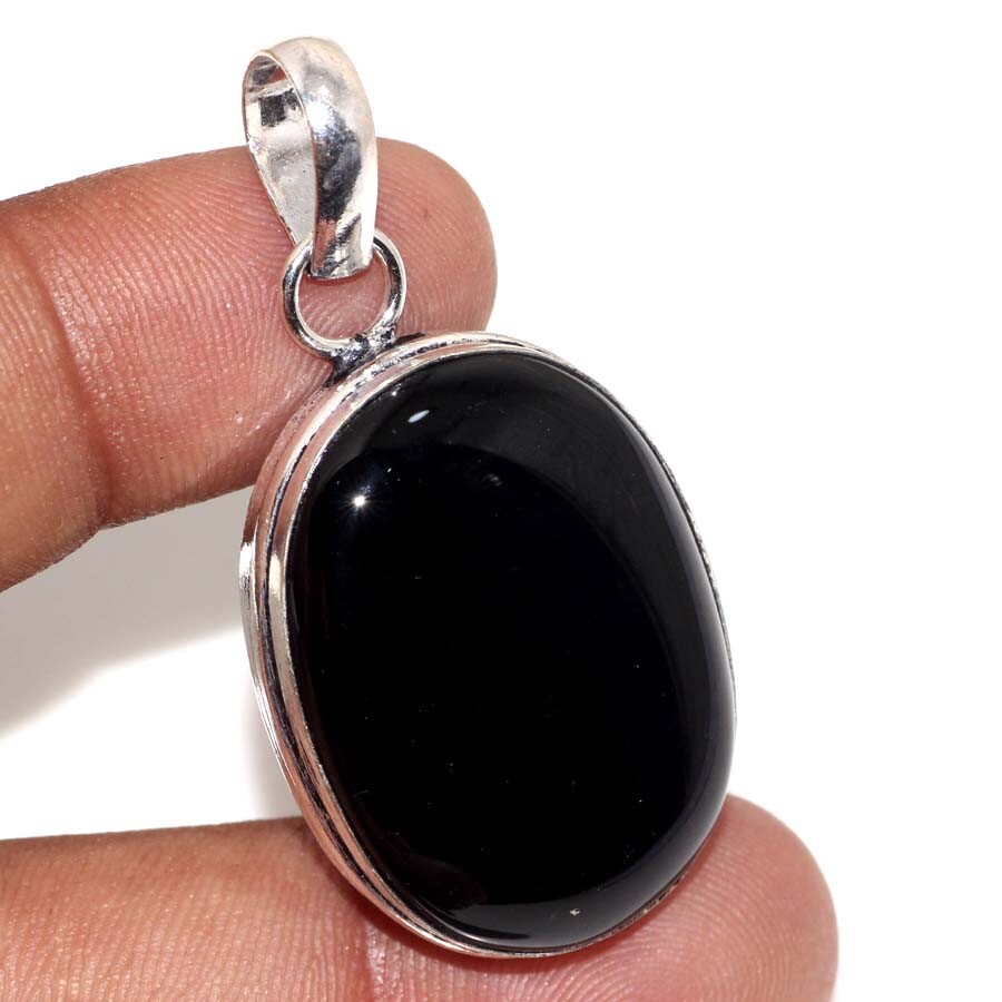 Black Onyx 925 Silver Plated Gemstone Pendant 1.7 Inch Aesthetic Jewelry JW