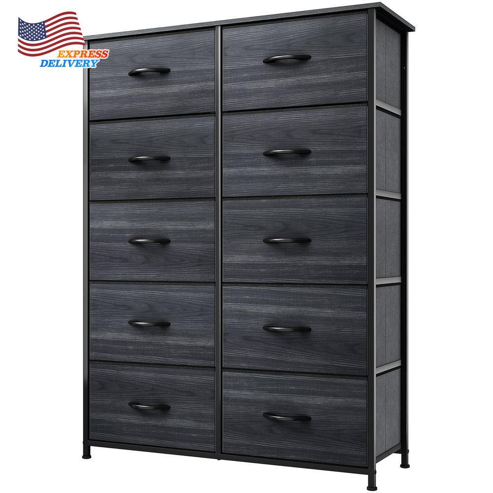 Tall Wood Dresser with 10 Fabric Drawers for Bedroom Storage