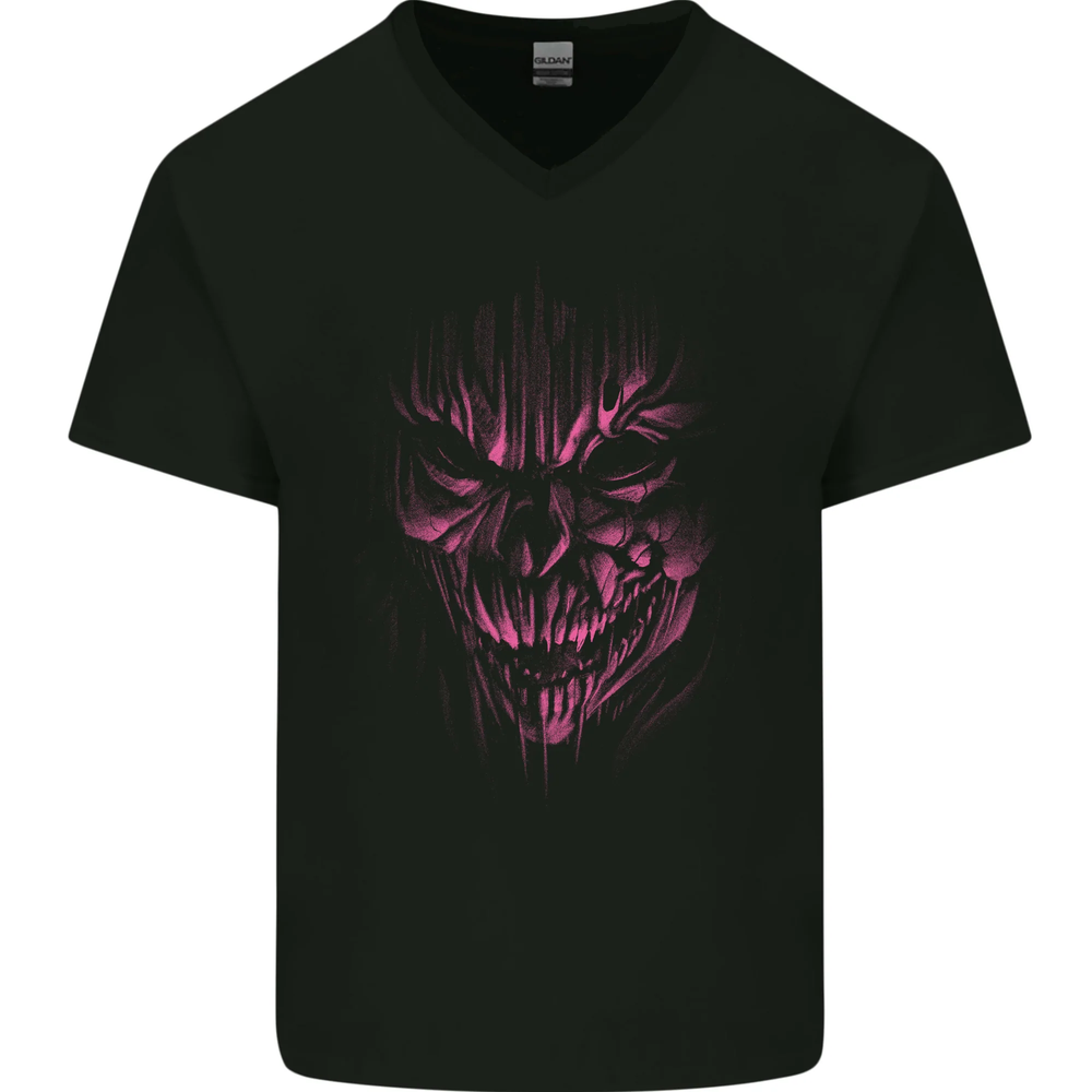 Dark Gothic Demon Skull Devil Satan Grim Reaper V-Neck Cotton Tee for Men