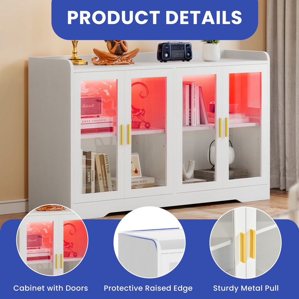 2-Tier Sideboard Cabinet with LED Lights, Glass Doors & Shelves for Coffee Bar Storage