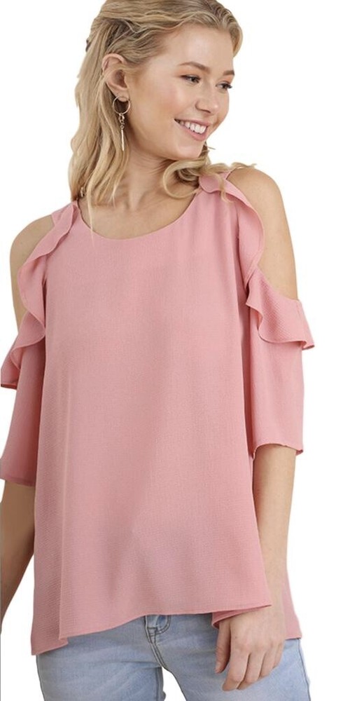 Umgee Cold Shoulder Ruffle Sleeve Tunic Top Pink Size Small Fairy Whimsical NEW