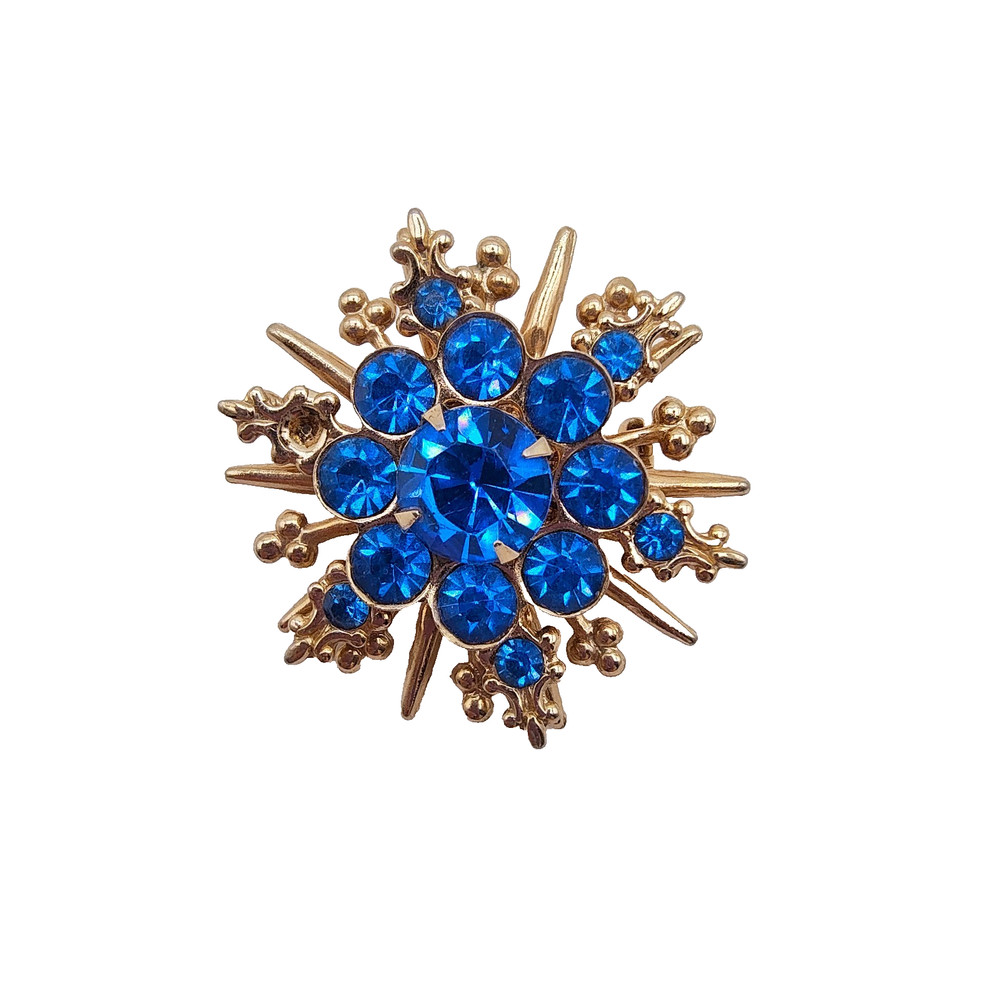 Vintage Starburst Snowflake Brooch Gold Tone Cool Blue Rhinestone 1950s READ