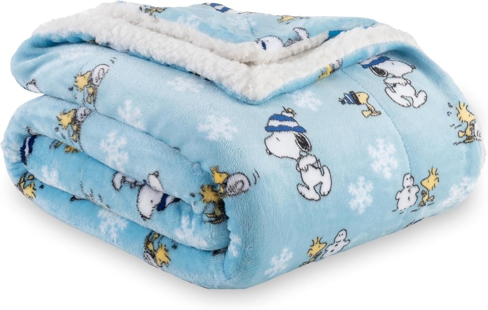 Snoopy and Woodstock Sherpa Blanket 90x90 Heavyweight Cozy Travel Throw