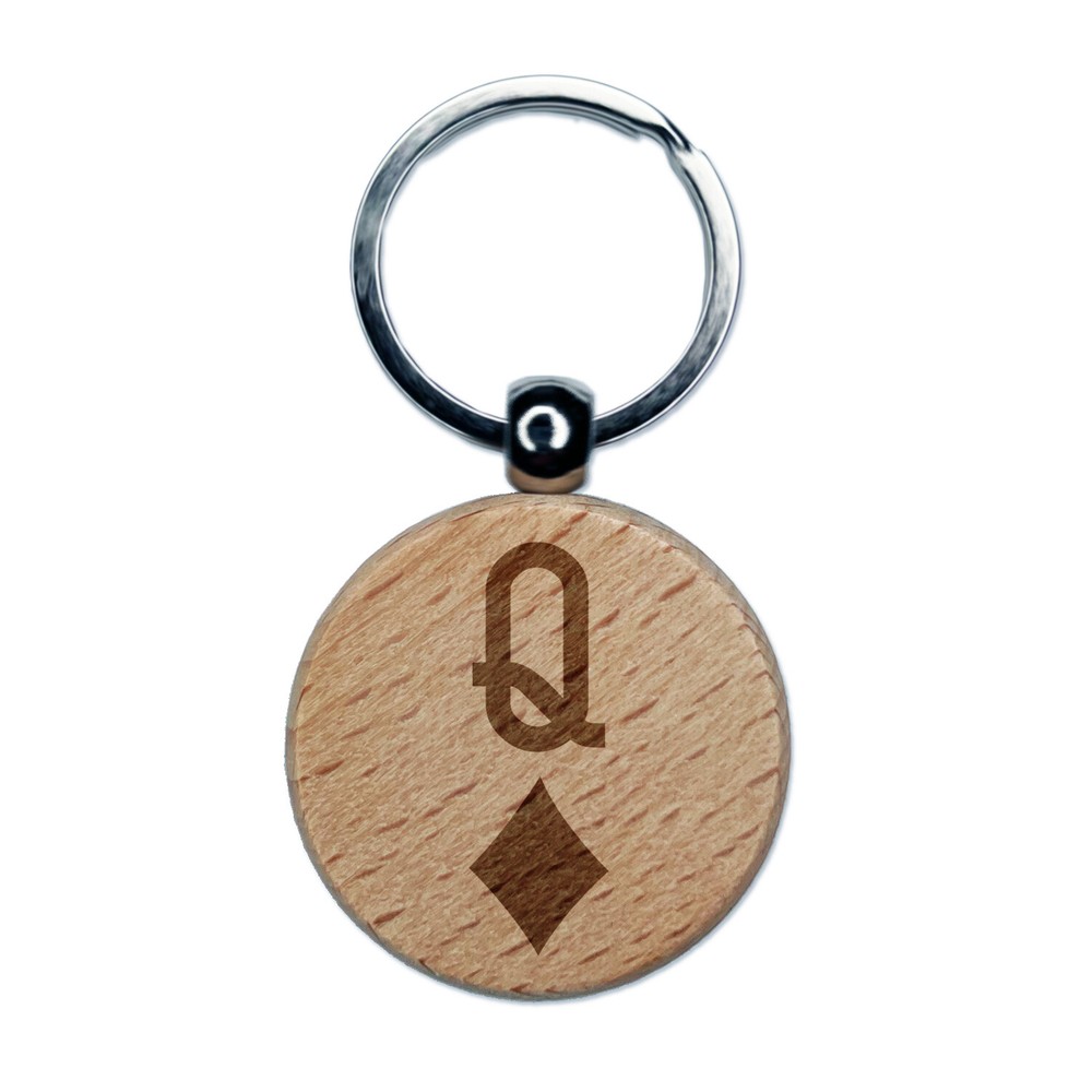 Queen of Diamonds Card Suit Engraved Wood Round Keychain Tag Charm