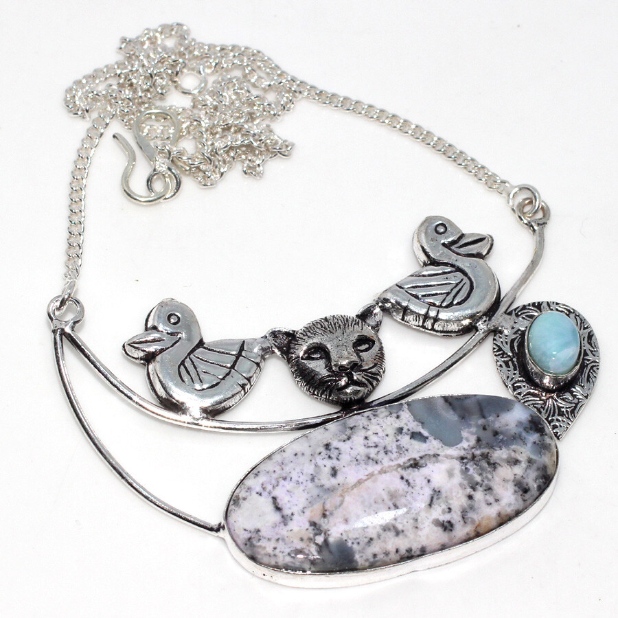 925 Silver Plated Dendritic Opal Larimar Jewellery Necklace Size 16