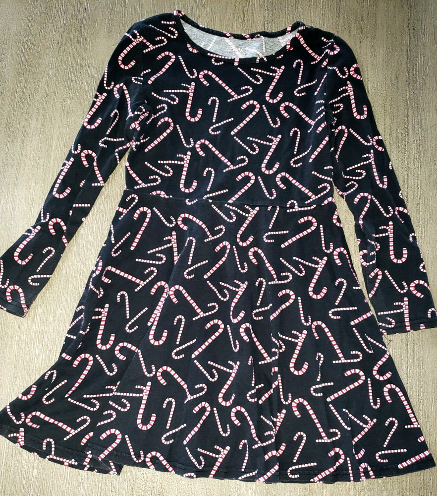 Cute Girls Christmas Dress Candy Cane Print Black Red Large 10/12 The Childrens Place